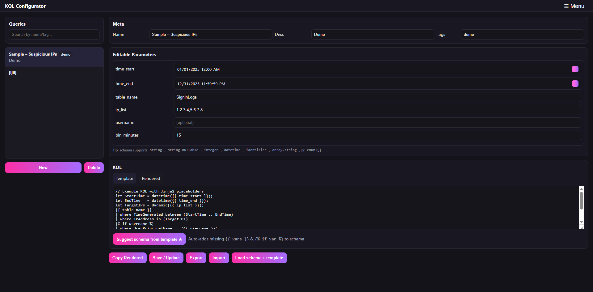 Screenshot of KQL-Helper / KQL Configurator